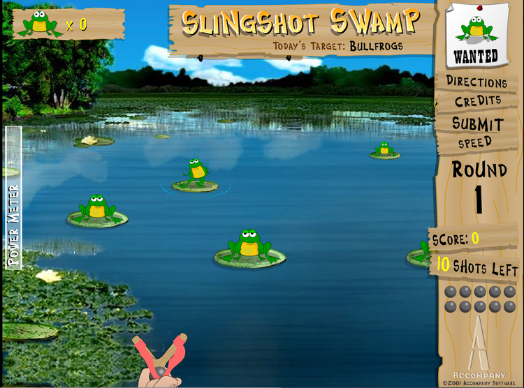 Screenshot of the Flash Game Sling Shot swamp. Frogs on lily pads with a hand on a sling shot.