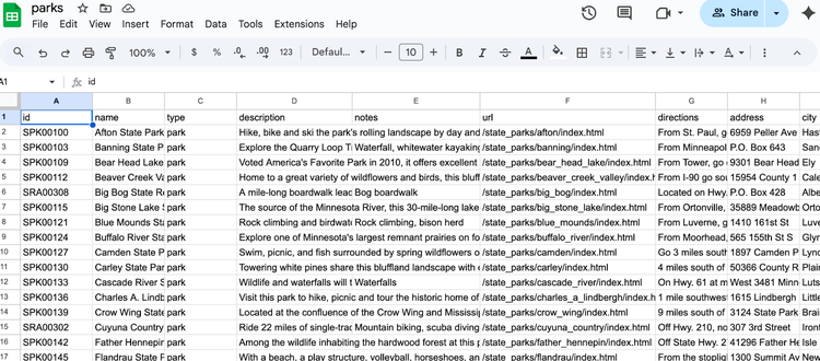 image of Google Spreadsheet populated with map data for a custom app.