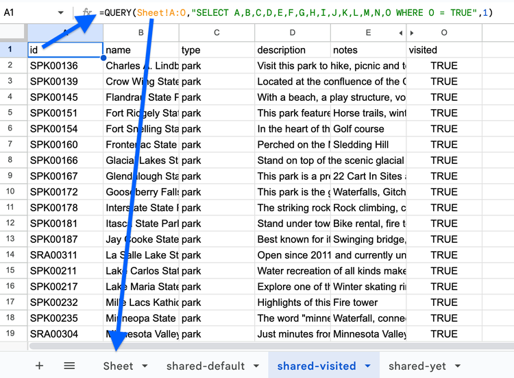 spreadsheet with an arrow to the spreadsheet function and pointing to the reference "Sheet" tab to indicate that we are pulling in data from that sheet.